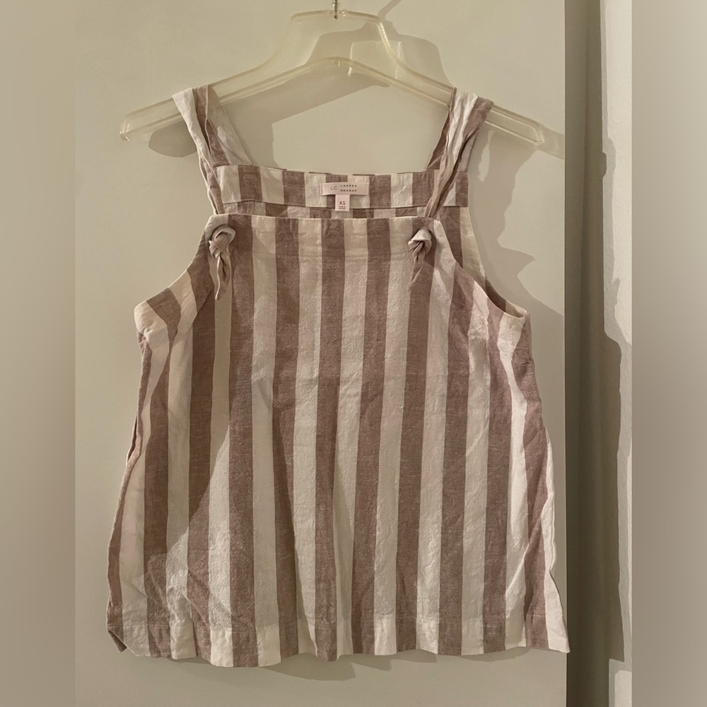 LC Lauren Conrad Linen Ivory/Tan Sleeveless Striped Top Relaxed Fit NWOT